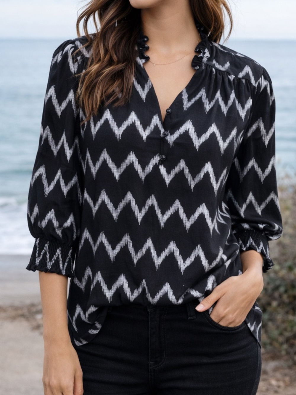 NY Collection Black Ikat Print Blouse Ruffle Neck Boho Lightweight Top 3X Career